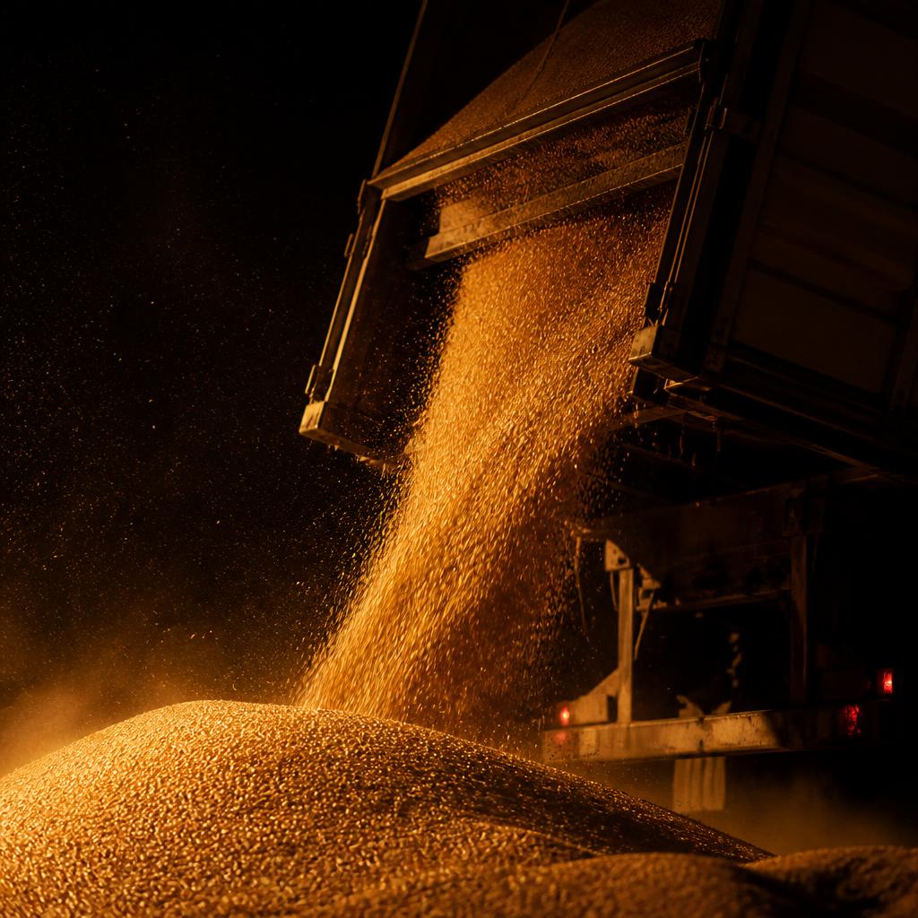 Grain being loaded into a tipper trailer